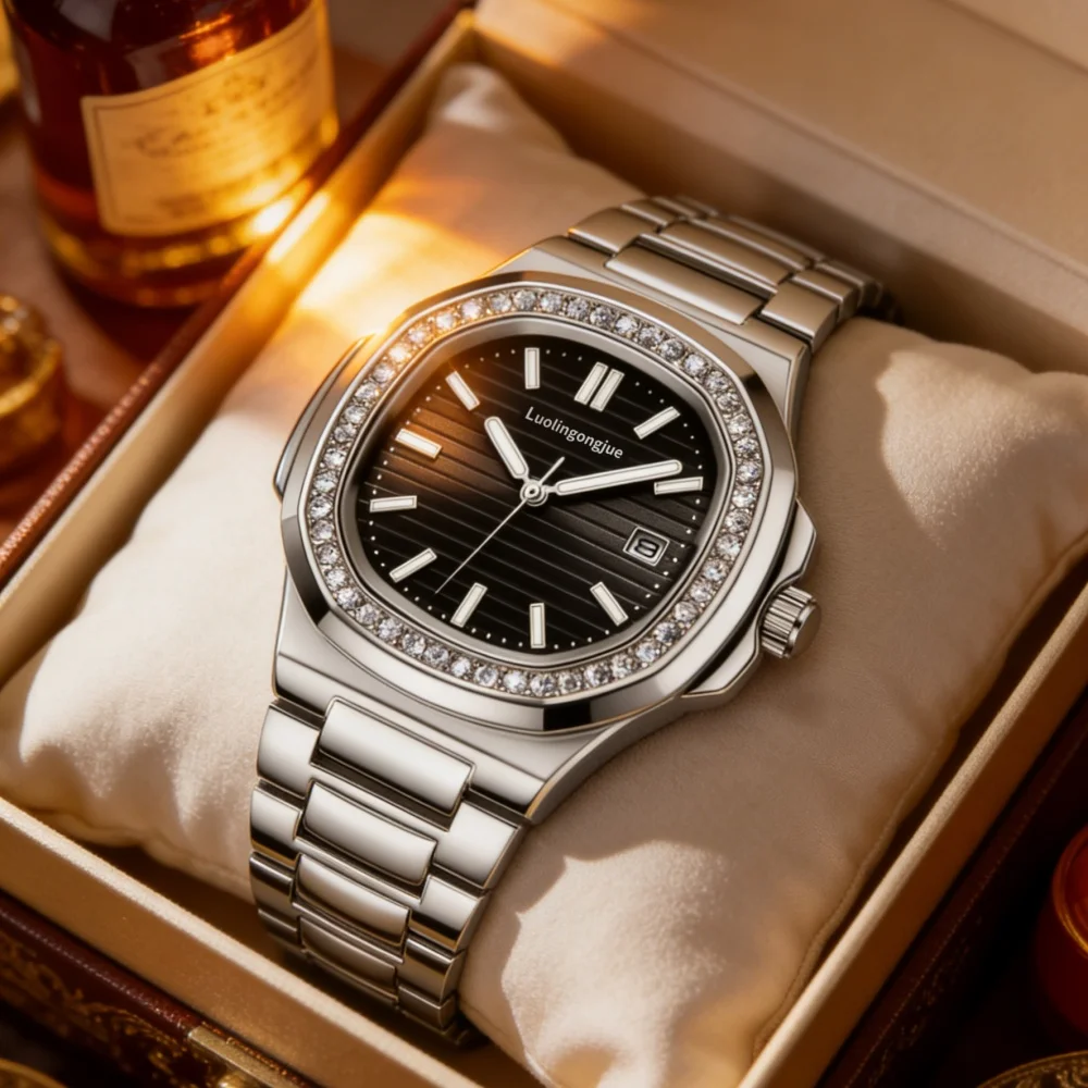 Neue luxuriöse automatische mechanische Herrenuhr, gestreiftes Zifferblatt mit diamantbesetzter Lünette, Datumsfunktion, Skelett-Design, wasserdicht, stilvolle Sportuhr, elegante Business-Casual-Uhr, Image