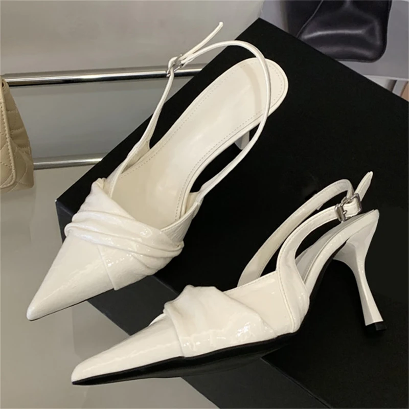 Aneikeh Sommer Elegante Weiße Plissierte Schnallenriemen Spitze Dünne Hohe Absätze Damen Pumps Sandalen Party Stripper Schuhe