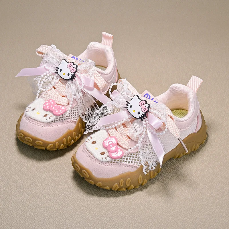 Freizeitschuhe für Kinder, Mädchen, Cartoon-Motiv, Hello Kitty, PU-Leder, Outdoor-Schleife, rutschfeste Turnschuhe, PU-Leder, rosa, Größe 26–37