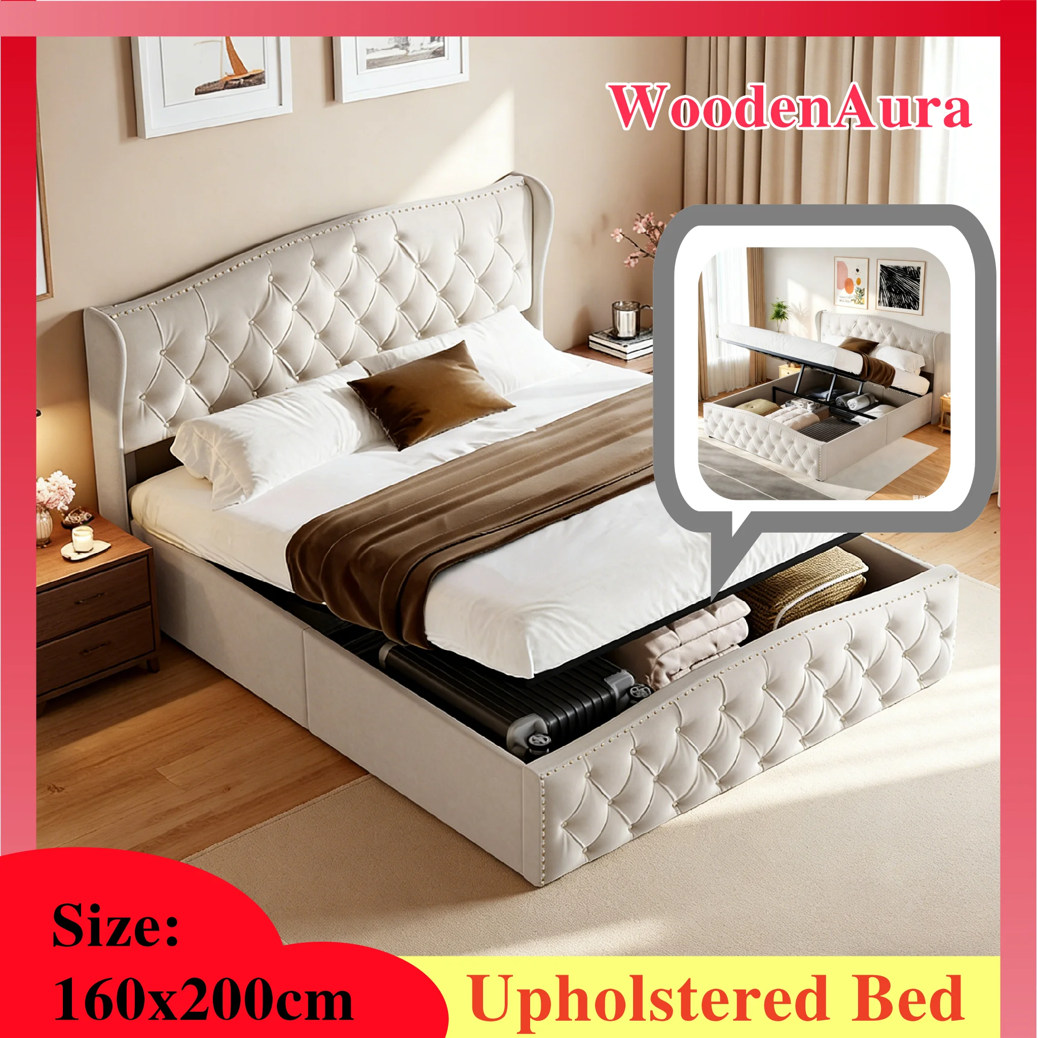 WOODENAURA 160 x 200 cm großes Polsterbett, Doppelbett, Bett mit Stauraum, Bettgestell mit Kopfteil und Lattenrost, Samt-Bettüberwurf, beige Image