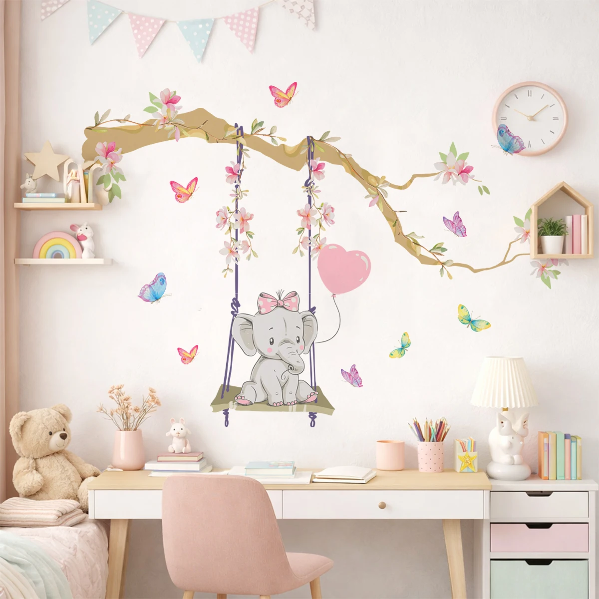 Cartoon Niedlicher Schwingender Elefant mit Schmetterling auf Ast Aquarell Kinderzimmer Aufkleber Wandtattoos Kunstdruck Kinderzimmer Heimdekoration Wandsticker