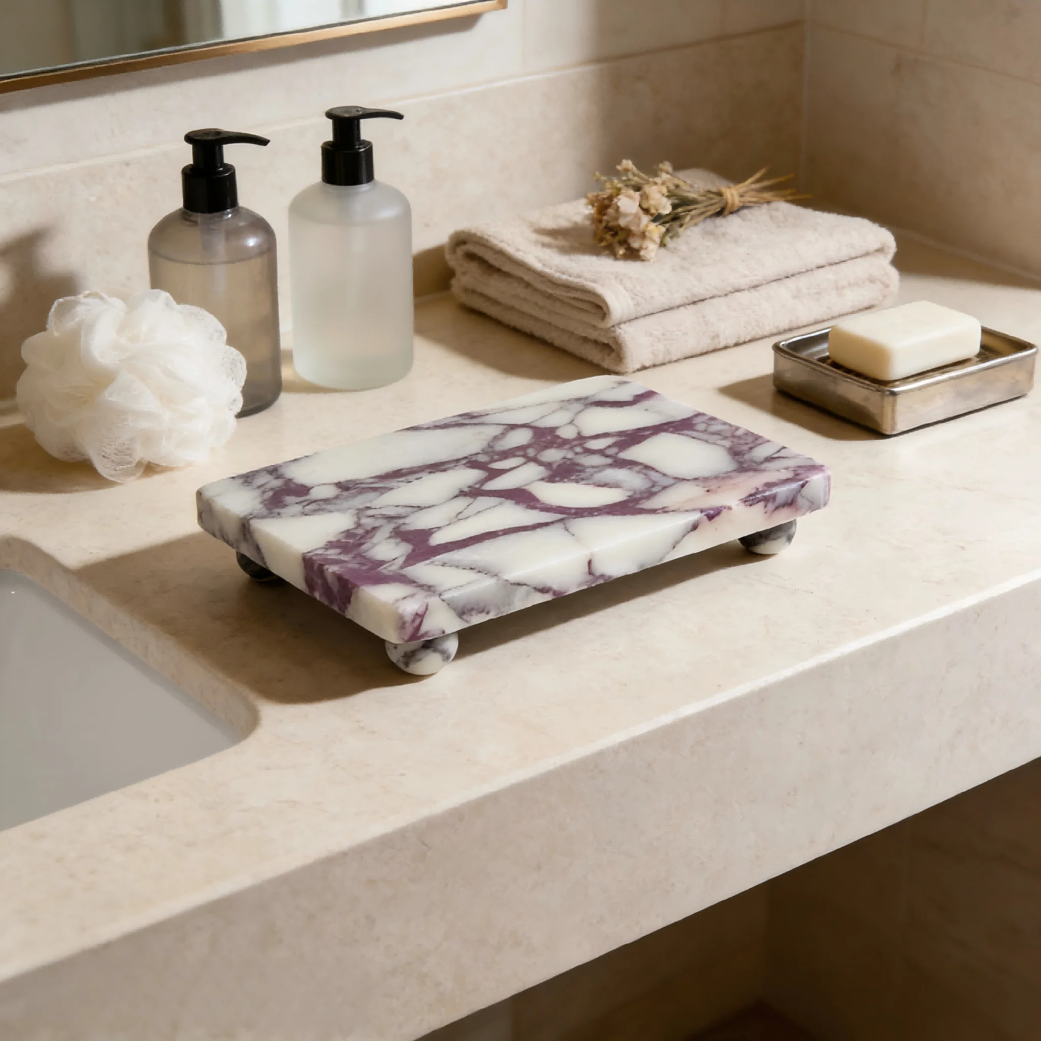Rechteckiges Tablett mit 4 Kleinen Kugelfüßen, Abgeschrägter Steinbehälter, Erhöhte Basis für Schmuck und Make-up, Moderne Schminktisch-Dekoration für Schlafzimmer und Schreibtisch