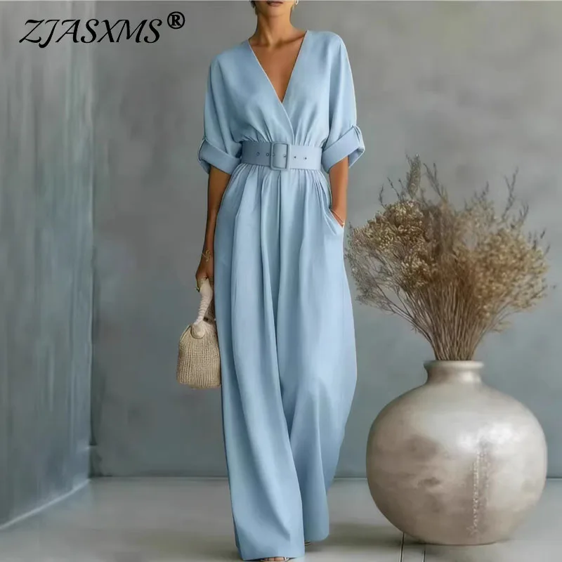 Eleganter V-Ausschnitt Hochgeschnittener Taillengürtel Schlanker Jumpsuit Damen Neuer Frühling Einfarbiger Büro-Damen-Romper Sommer Kurzarm Gerader Overall Image