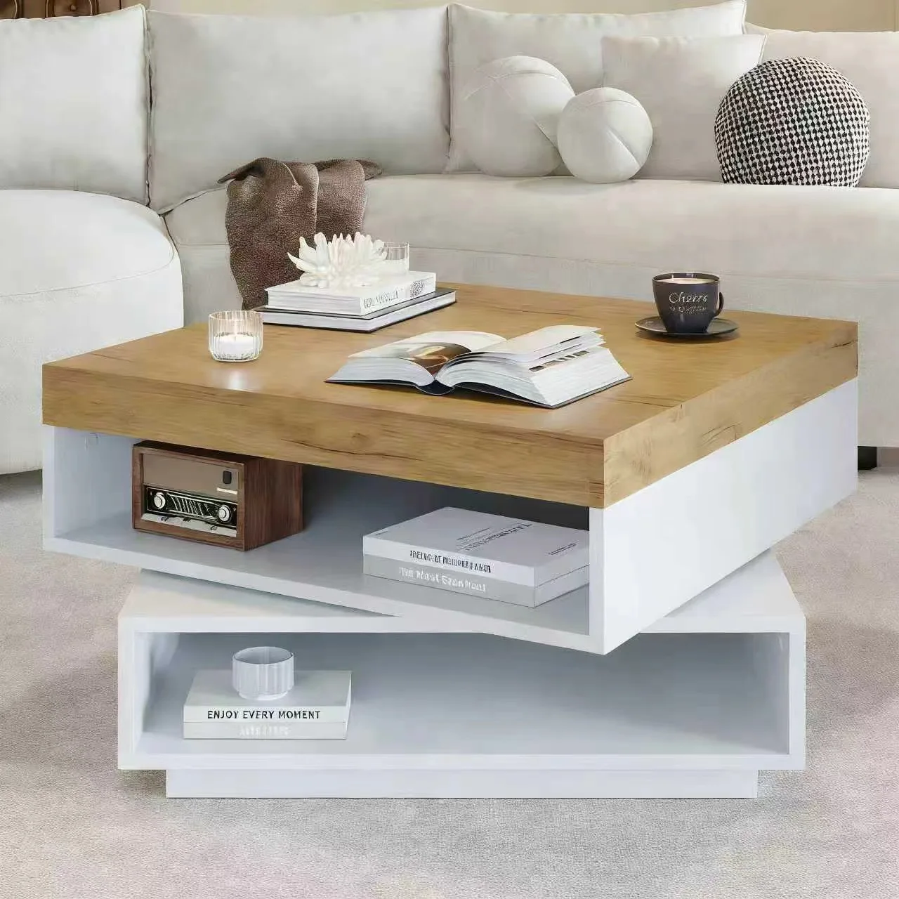 LED Couchtisch 65x65cm drehbar 360° mit Stauraum Sofatisch Wohnzimmertisch Beistelltisch Weiß Holz Image