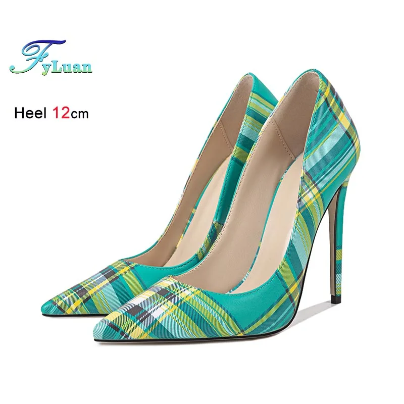 2026 Modische Damenpumps Spitze Zehe Flacher Ausschnitt Karomuster Stiletto Einzelschuhe 12CM Super Hohe Absätze Bankett Damenschuhe