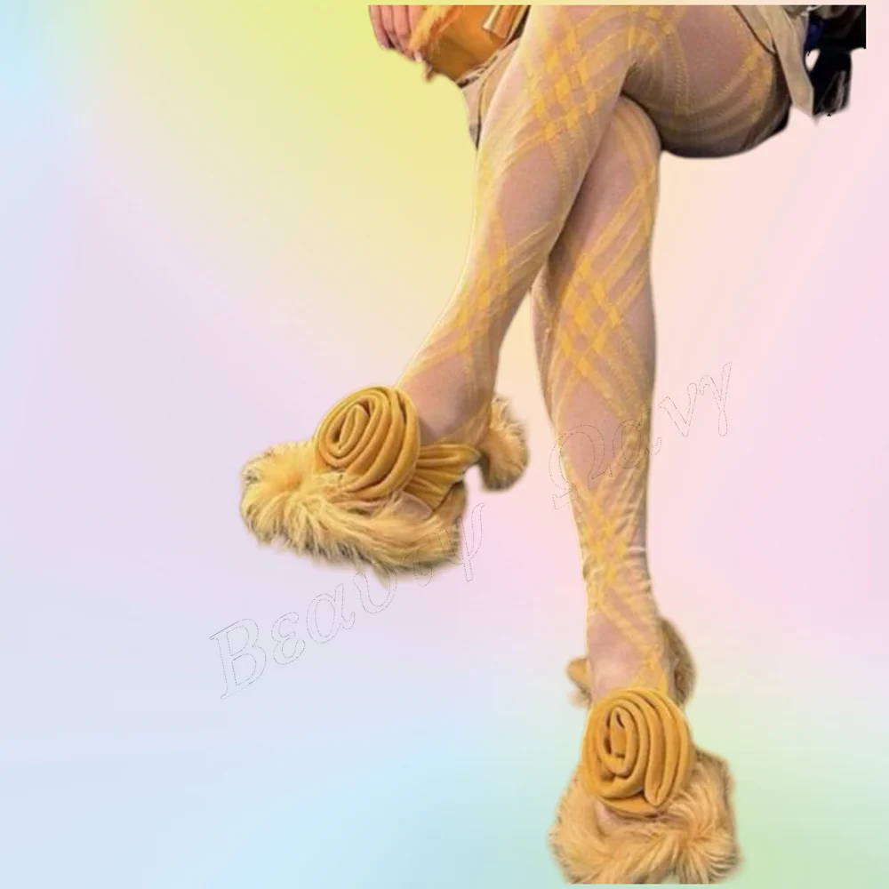 Gelbe Pelz-Dekor-Blumen-Hausschuhe, runde Zehen, solide Absätze, dünne Schnitt-Absätze, Schuhe mit hohen Absätzen, Schuhe für Frauen, 2025, Zapatos Para Mujere
