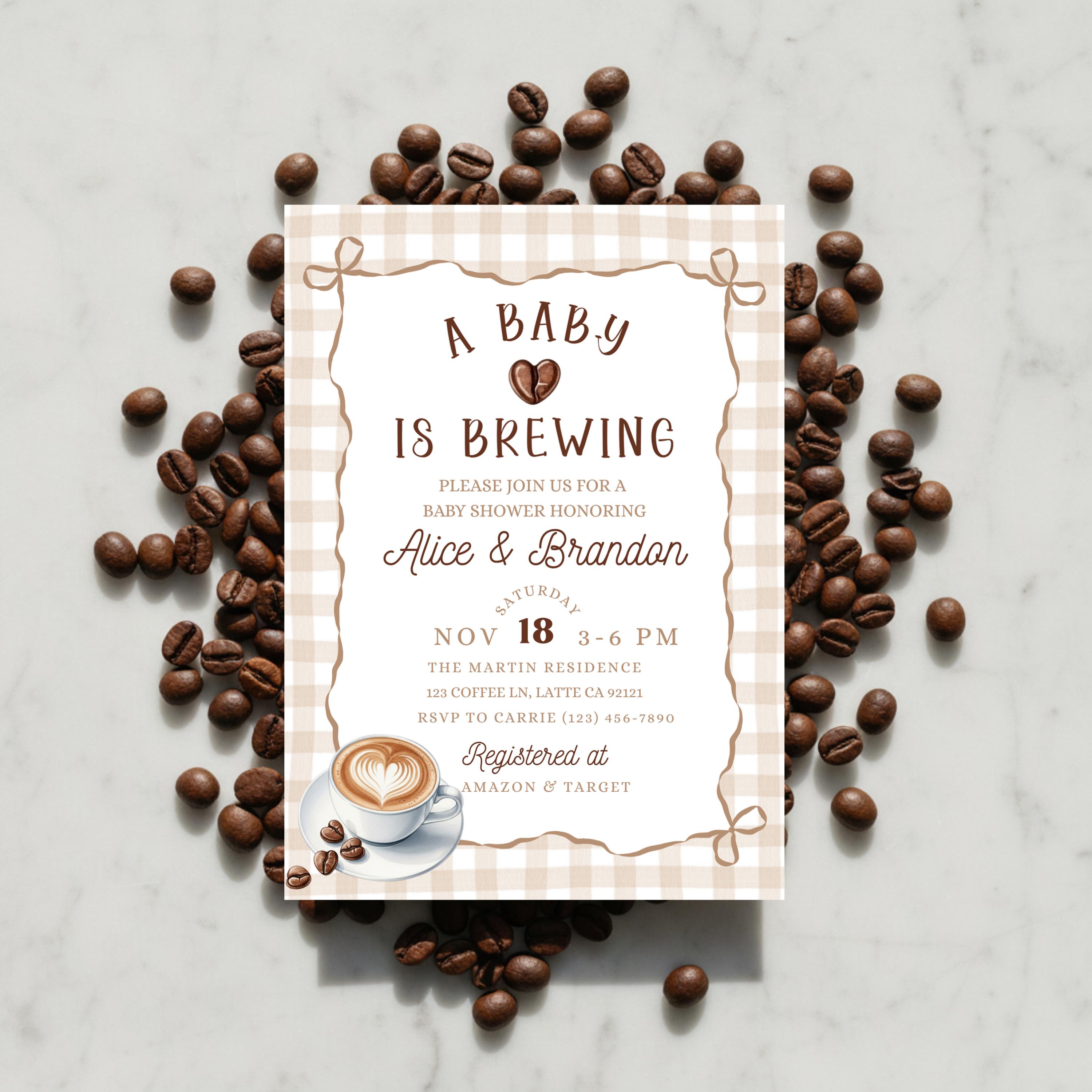 "Invito per baby shower \"Baby is Brewing\" Invito per baby shower a tema caffè Invito per baby shower a tema espresso Invito per baby shower a tema caff"