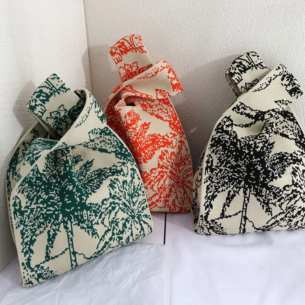 Mini borsa in maglia fatta a mano per donna Borsa da polso con nodo piccolo Borsa tote scozzese colorata casual Borse per la spesa riutilizzabili per ragazze