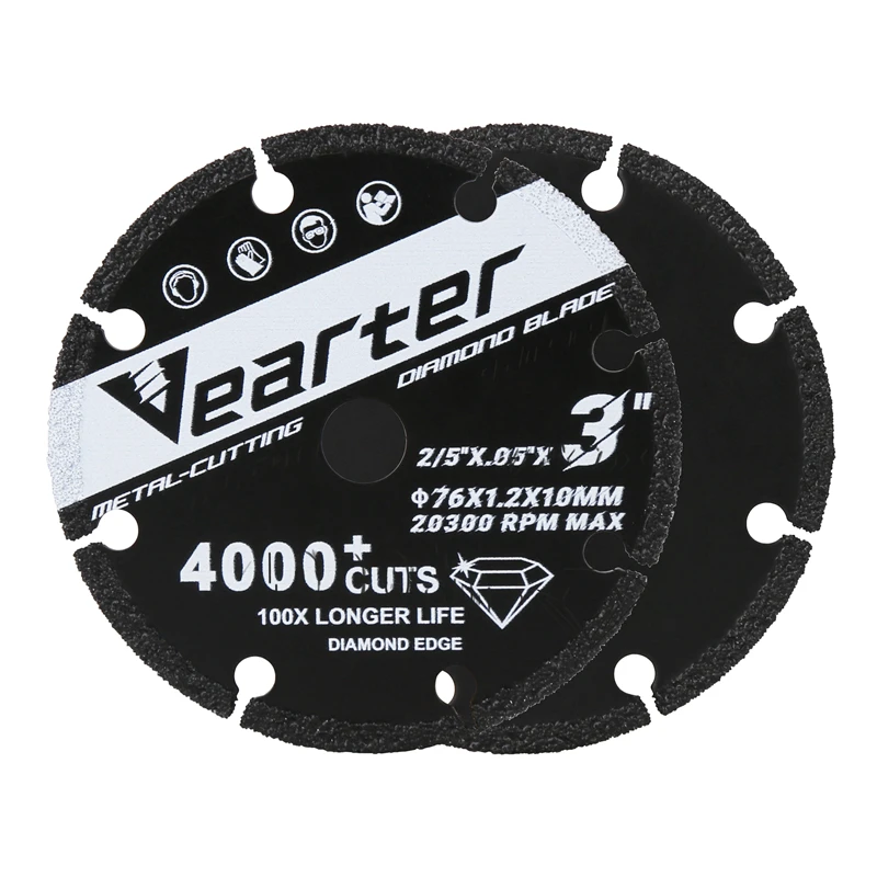 Vearter 76mmX10mm Disco da taglio diamantato brasato sotto vuoto 3''X2/5'' Lama per sega a ruota per tondo per cemento armato in metallo, ghisa e acciaio inossidabile