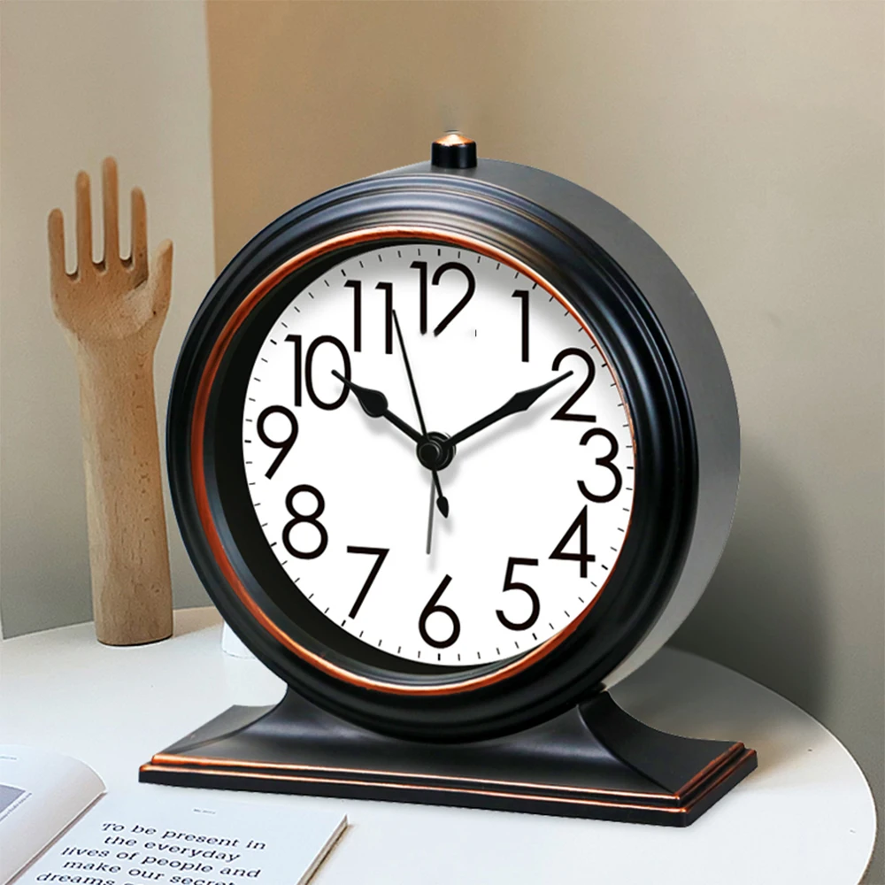 Klassische Tischuhr Luxuriöser Schwarzer Rahmen Vintage Wecker Schlafzimmer Wohnzimmer Büro Lautsprecher Geräuschlos Desktop-Dekoration Image