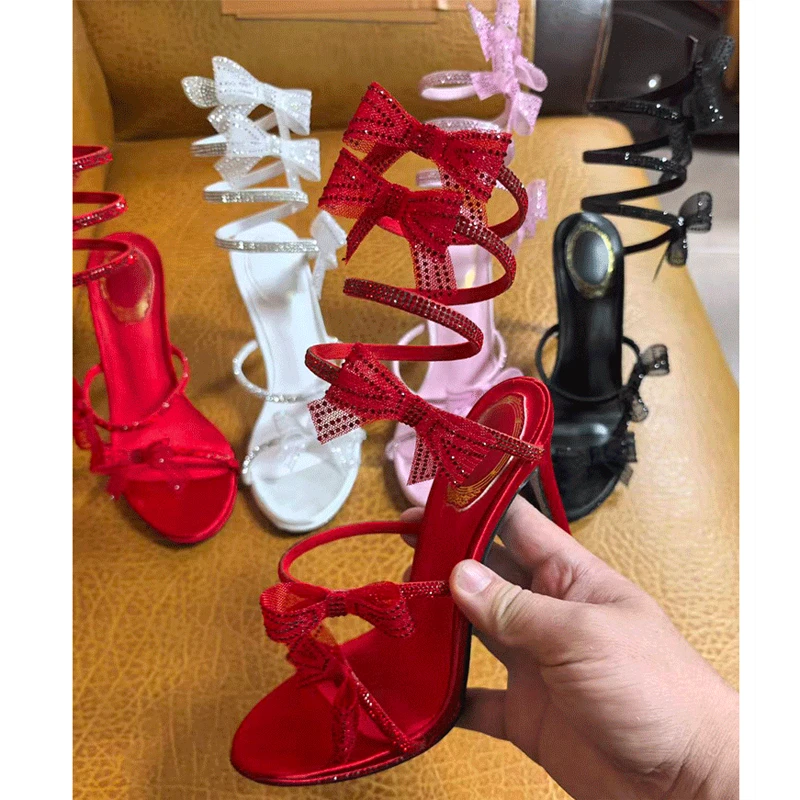 Eilyken Sexy Offene spitze Dünne High Heels Frauen Sandalen Street Style Schmetterling-knoten KRISTALL Ankle Strap Stripper Schuhe Image