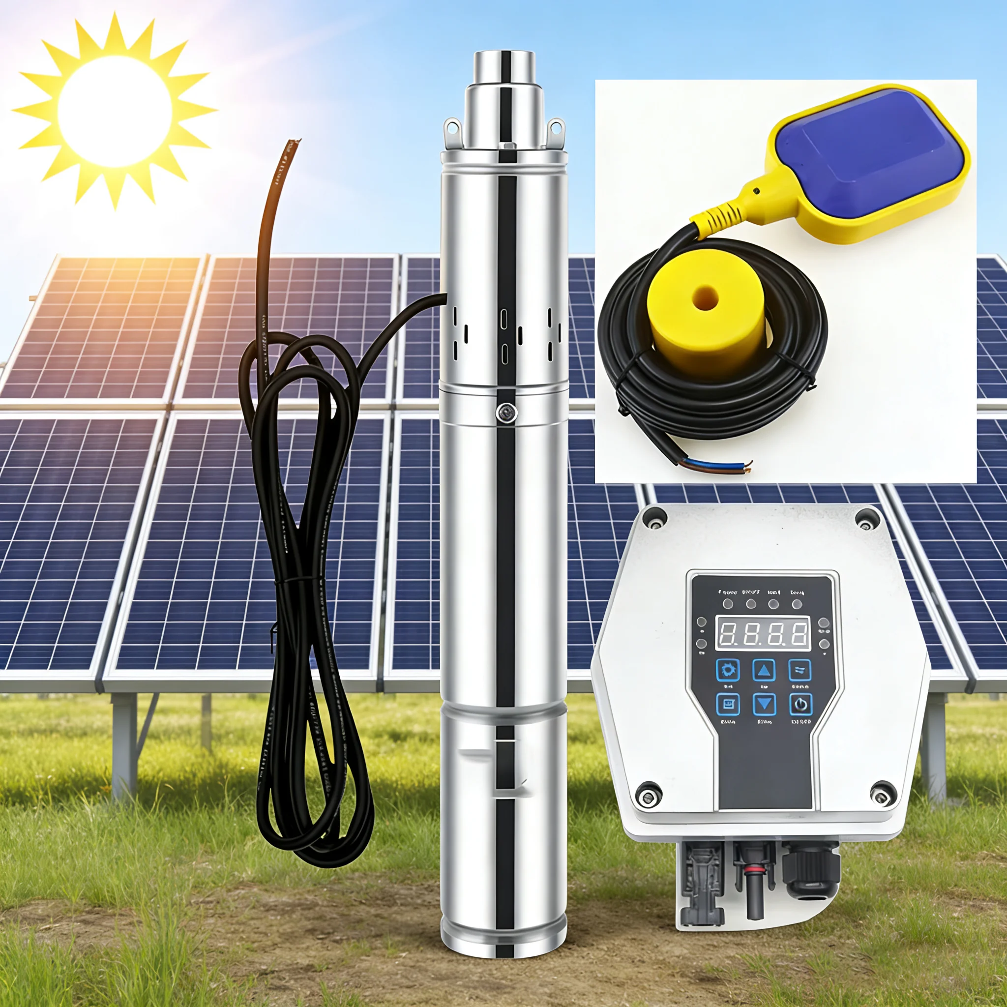 350 W, 500 W, 800 W, 1100 W, 1300 W, Solar-PV-Tauchbrunnenpumpe, Rate 2,2 m3/Stunde, mit MPPT-Controller und schwimmendem Ball-Kit, Solarpumpe