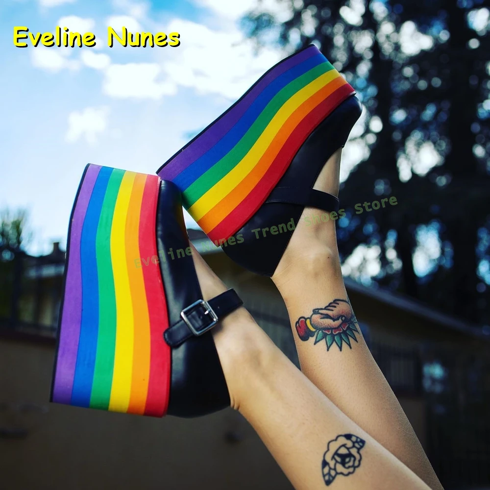 Regenbogen Keil Plattform Mary Janes Schuhe Runde Kappe Keil Schnalle Flache Frauen Süße Nette Pumpen 2025, Herbst Kleid Sexy Schuhe
