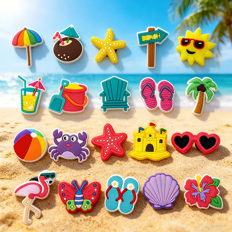 20 Stück Sommer-Strand-Thema Schuh-Charms Flamingo Kokospalme Aloha Hawaiianische Geburtstagsparty Dekoration PVC DIY Schuh-Armbänder Geschenke