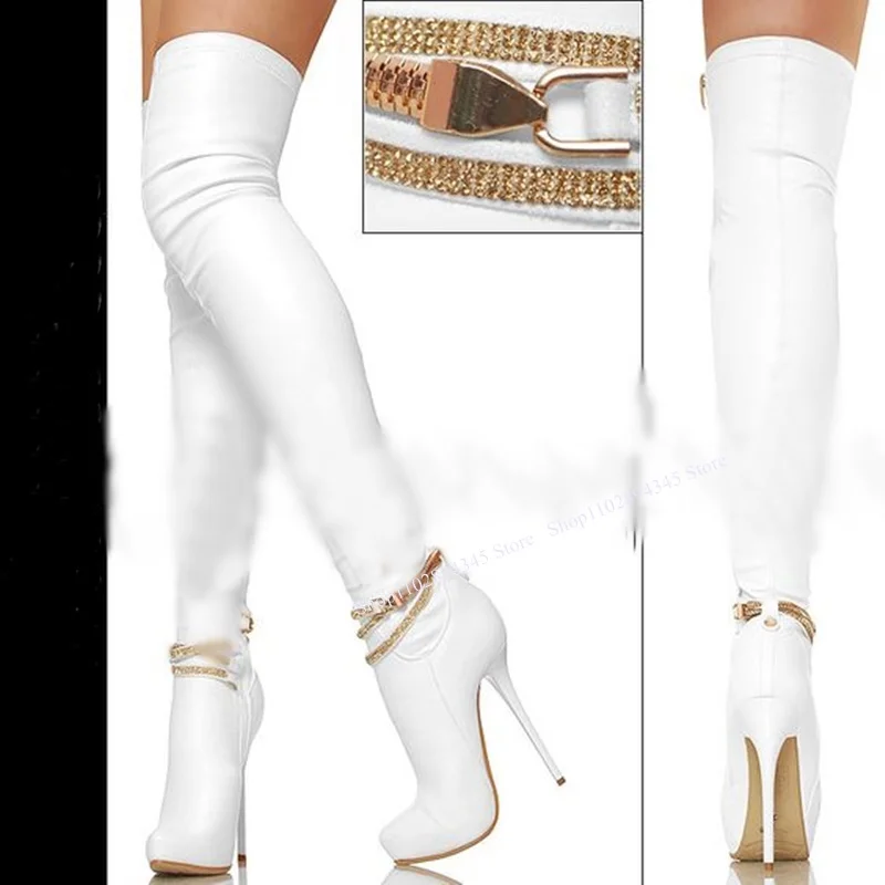 Weiße Kette Dekor Stiefel Dünne High Heel Über Knie Hohe Spitz Mode Sexy Roman Sommer 2025, Frau Schuhe Zapatillas Mujer