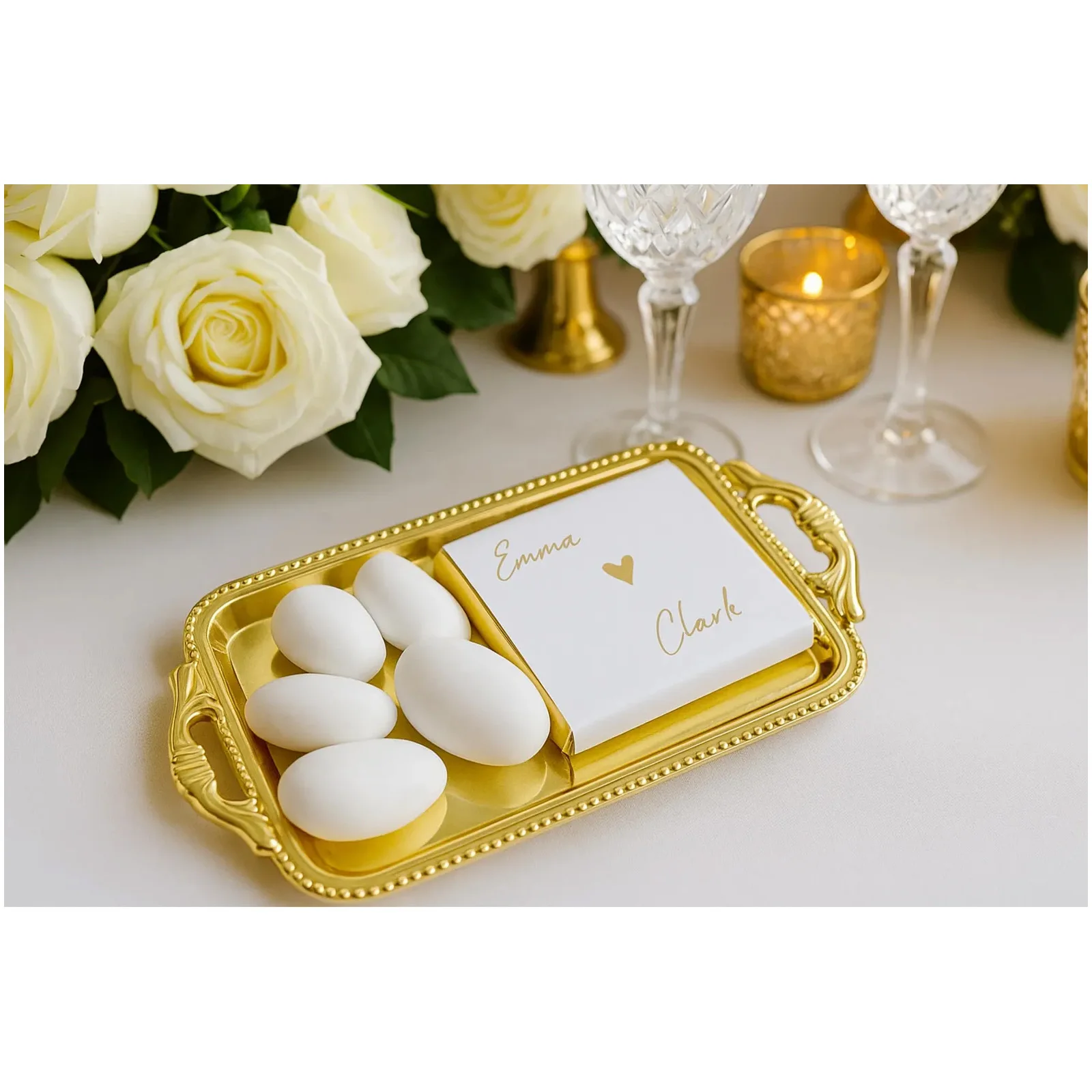 100 Stück handgefertigte, personalisierte Hochzeitsgeschenke, Geschenkideen, goldene Teetabletts, dekorative Accessoires für Babyparty-Geschenke Image