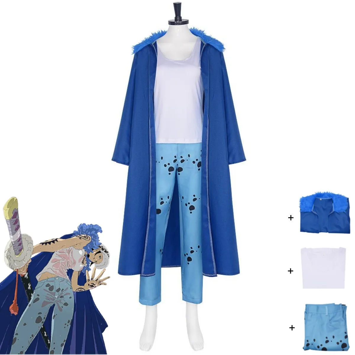 Halloween-Party-Set Anime Trafalgar D. Water Law Cosplay-Kostüm Blauer Plüschkragen Mantel Umhang Blaue Hose Uniform Erwachsene Frau Image