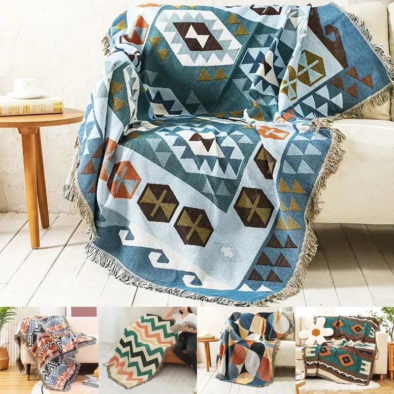 Outdoor Camping Tribal Teppiche Decken Indische Picknickdecke Boho Dekorative Bettdecken Plaid Sofamatten Reidenteppich Quasten Leinen Image