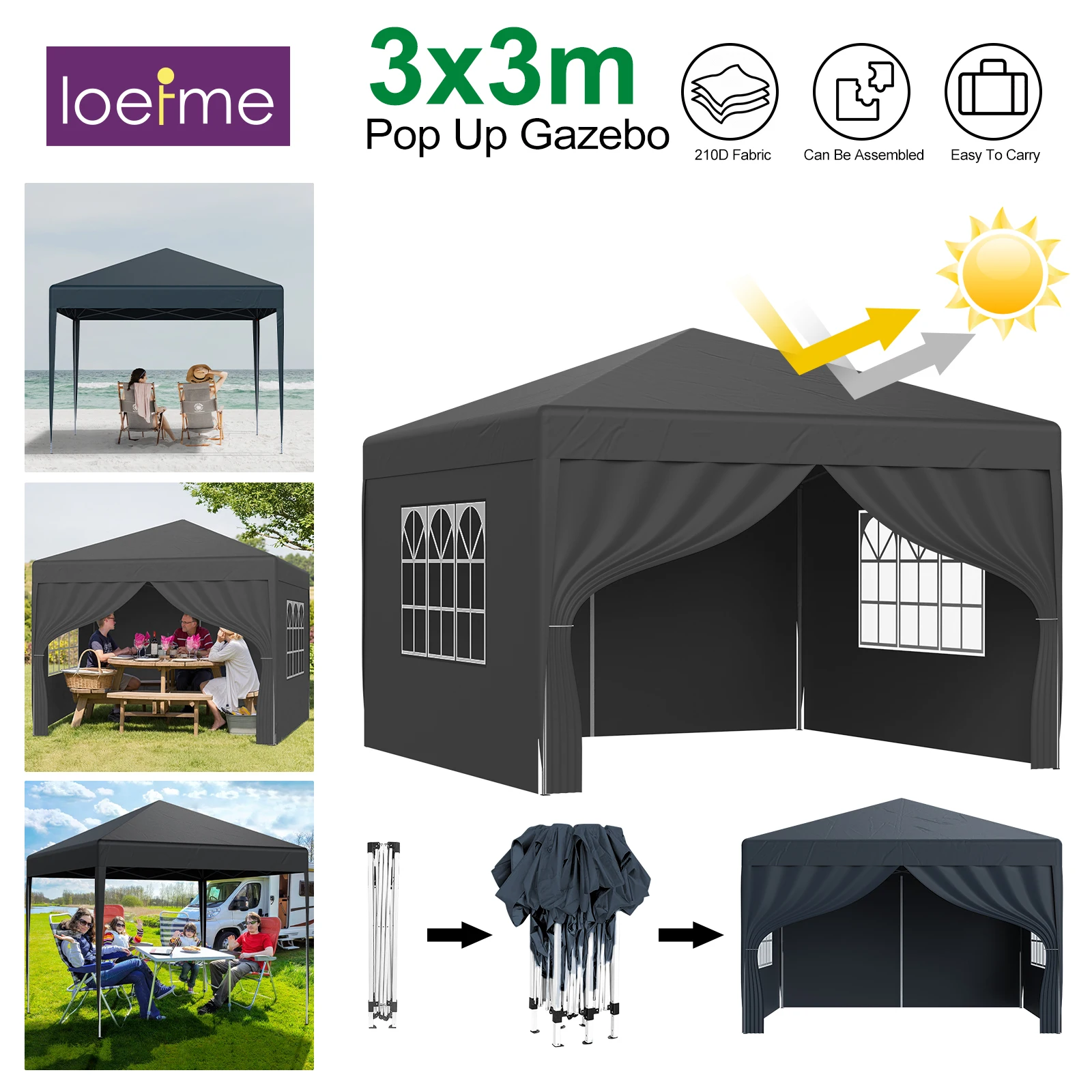 LOEFME Pop-Up Pavillon 3x3m Outdoor-Partyzelt mit Fenstern, wasserdicht, UV-Sonnenschutz, tragbares Pavillon-Zelt Image