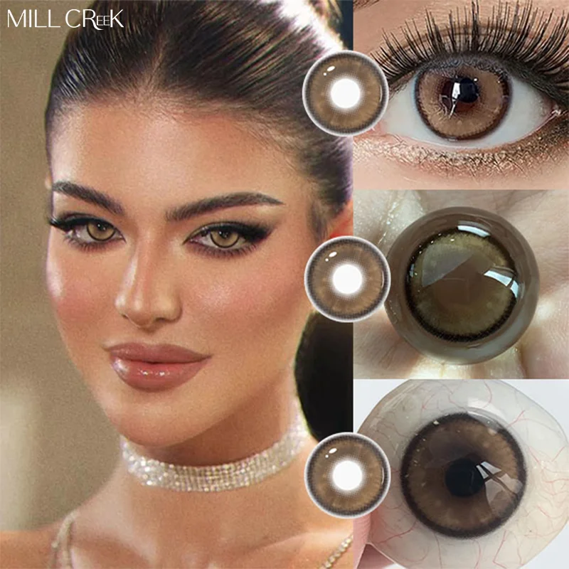 MILL CREEK 1 Paar Kontaktlinsen mit braunen Pupillen und Sehstärke, farbige koreanische Linsen, Make-up-Mode-Linsen, schneller Versand, jährliche Nutzung Image