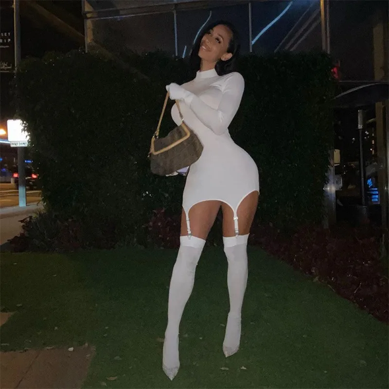 Figurbetontes Minikleid mit Strümpfen für Damen, solide Mode, sexy Rollkragen-Handschuhe, langärmelig, schlank, Hipster, Basic-Kleider, Clubwear Image