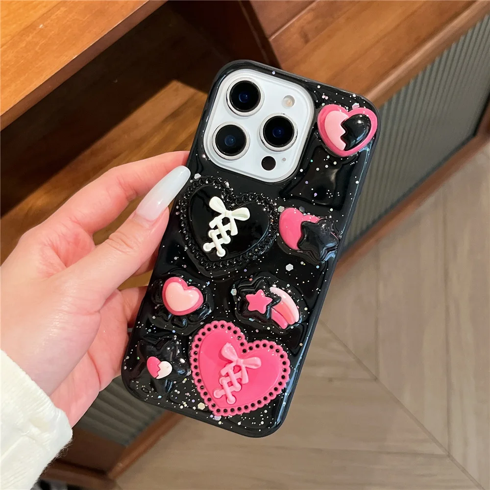 3D Luxus Flash Herz Modell Hülle für iPhone 16 15 14 13 für Apple iPhone 17 Pro Max Schwarz Stern Hip-Hop Sturzsichere Weiche Schutzhülle Image