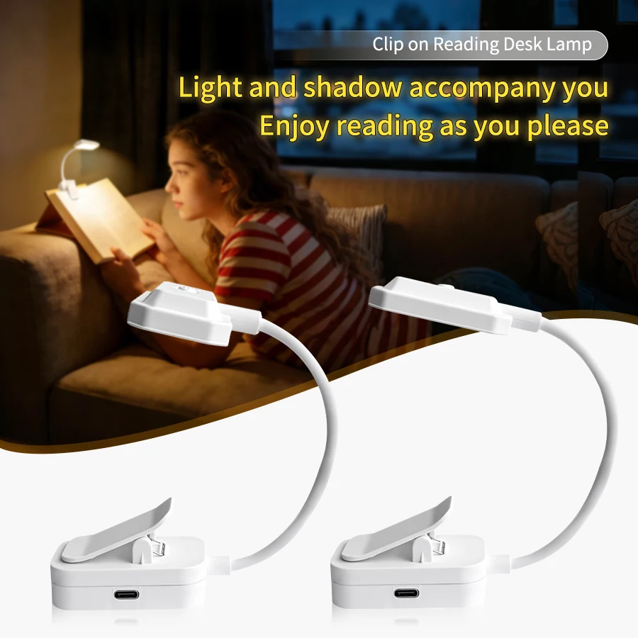 Mini-LED-Buchlampe zum Anklemmen, Augenschutz, wiederaufladbar über USB-C, Leselampe mit 3 Farben, dimmbar, Schwanenhalsleuchte für Wohnheim und Studium