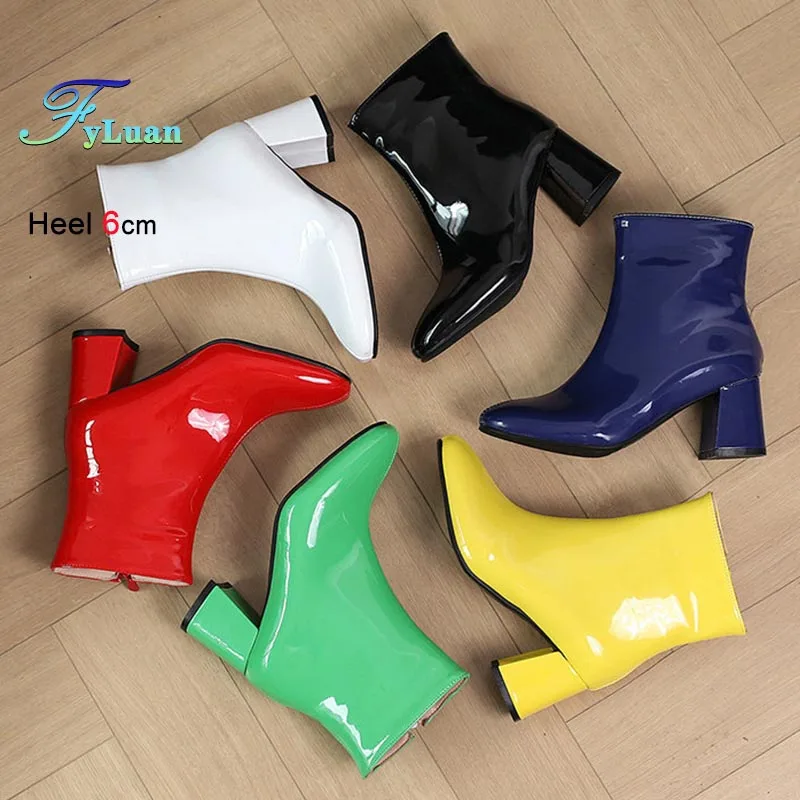 Herbst Winter Frau Schuhe Glänzend Runde Kappe Grobe Ferse Kurze Stiefel Mode Einfarbig Seite Zipper 6cm High Heels stiefeletten