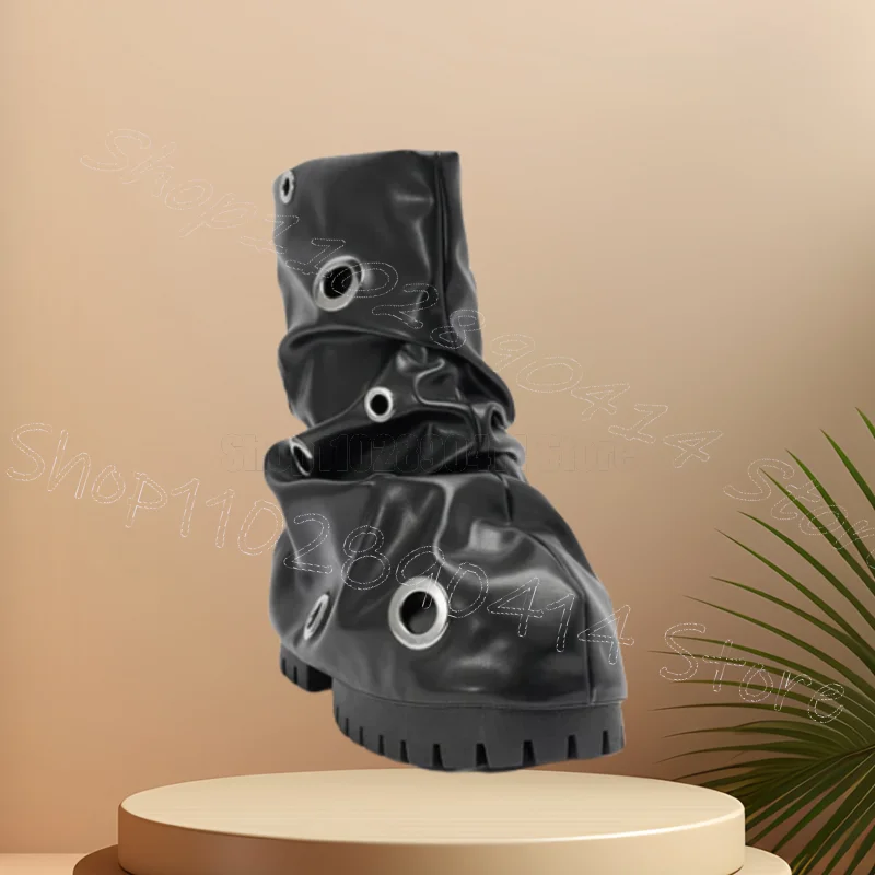 Metall Kreis Schwarz Plissee Design Plattform Stiefel Slip Auf Frauen Schuhe Chunky High Heels Neue Party Dating 2025, Zapatos Para Mujere