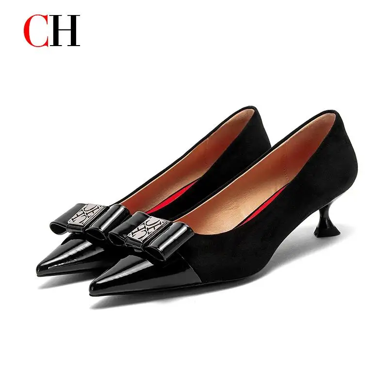 CH 2026 New Arrival Black Kitten Heels Women Pointed Toe Patchwork Pumps Fashion Bow Decor Office Dress Shoes