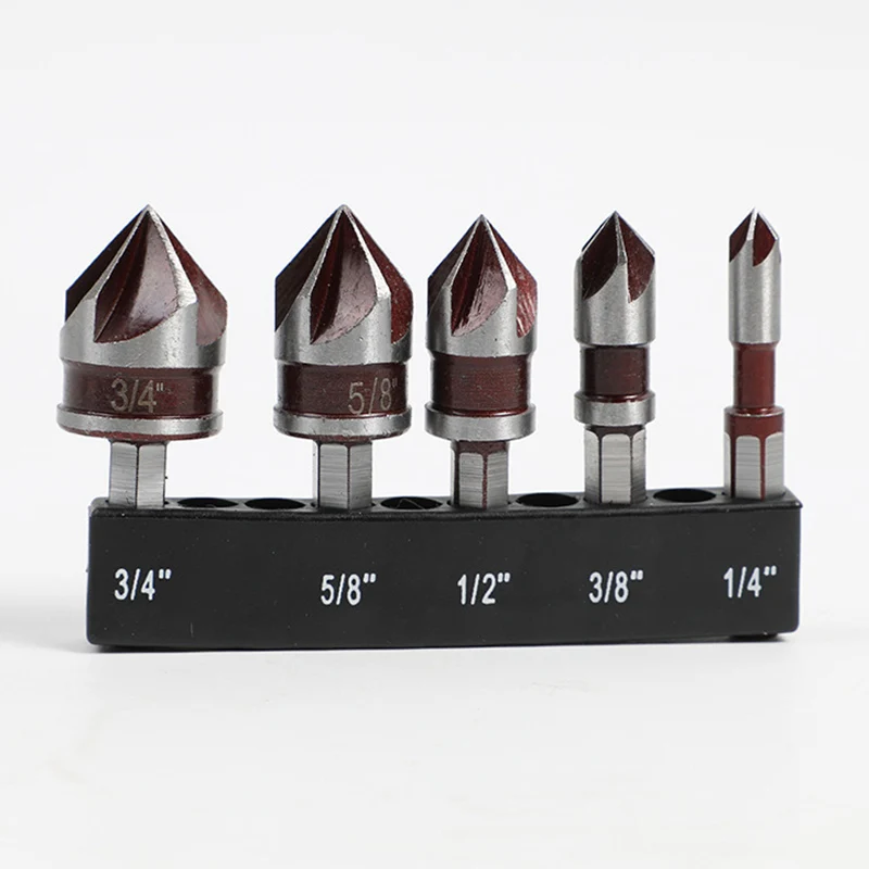 5-teiliges Sechskant-Bohrerset für Holzbearbeitung, Rot, Fünfkant-Fasenfräser aus Hochkohlenstoffstahl, Präzisionsbohrwerkzeug Image