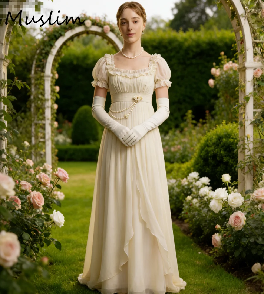 Cremefarbenes Regency Empire-Taille Abendkleid mit Puffärmeln Korsett-Ballkleider mit Blumenmuster Dopamin Mittelalter-Themen-Partykleider 2026