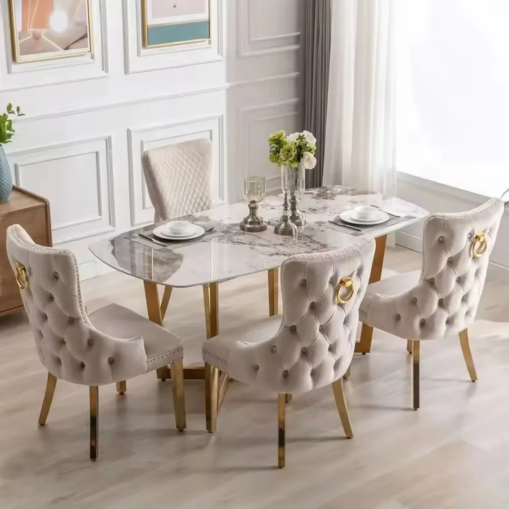 für moderne, luxuriöse europäische Esszimmerstühle aus Samt mit Löwenklopfknopf, getuftetes Design, Beine aus Edelstahl, 6er-Set für den Tisch