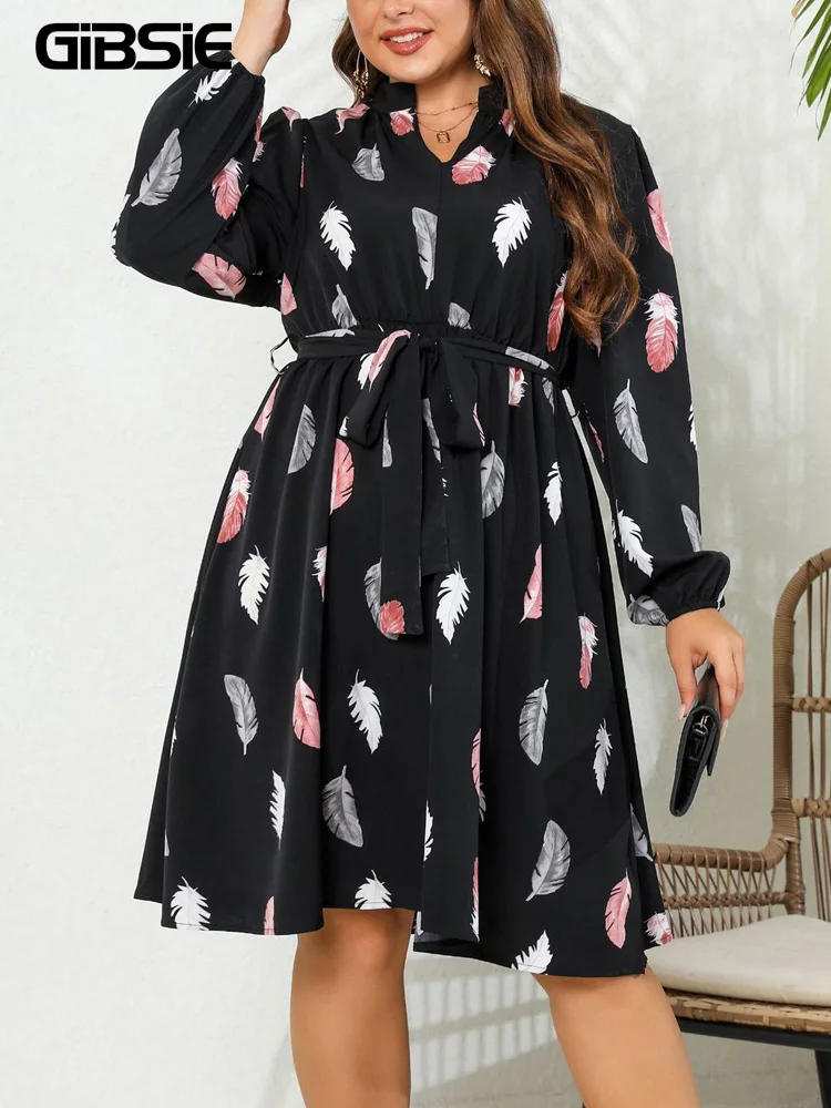 GIBSIE Plus Size Feather Print abito Casual con cintura donna primavera autunno Notch Neck manica lunga coreano femminile Midi a-line abiti