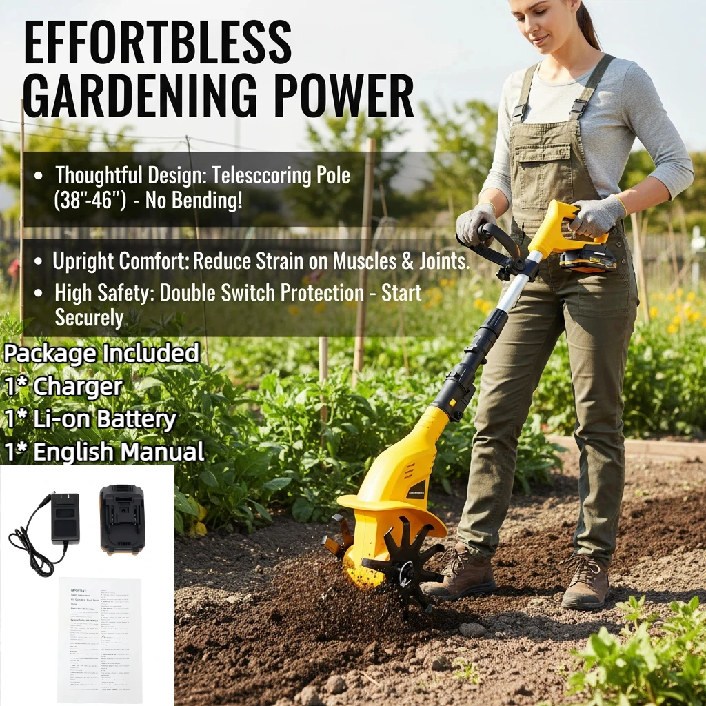 20V Akku-Gartenfräse, kabellose Bodenfräse, 38-46 Zoll verstellbar, Akku & Ladegerät, 40 Min. Laufzeit, 250 U/min Image