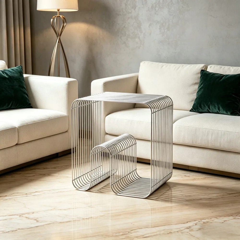 Moderner Nordischer Metall-Couchtisch | Schlanker Minimalistischer Beistelltisch mit Stauraum - Ideal für Bücher & Zeitschriften Image