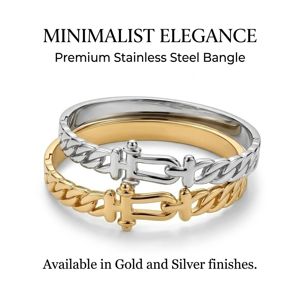 Elegantes Goldfarbenes Schnapparmband, Edelstahl-Kettenarmreif im Hufeisen-Design, Luxuriöser Damenschmuck (60mm Innendurchmesser) Image