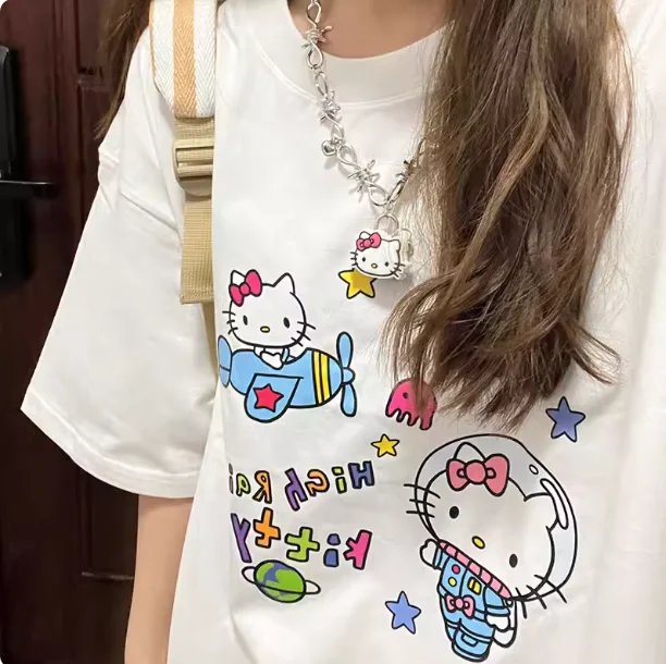 Sanrio 2026 Sommer-Comic-Form Hello Kitty Motiv 100% Baumwolle Bedrucktes Freizeit-T-Shirt für Erwachsene Kinder Eltern-Kind-Oberteil Freizeitkleidung