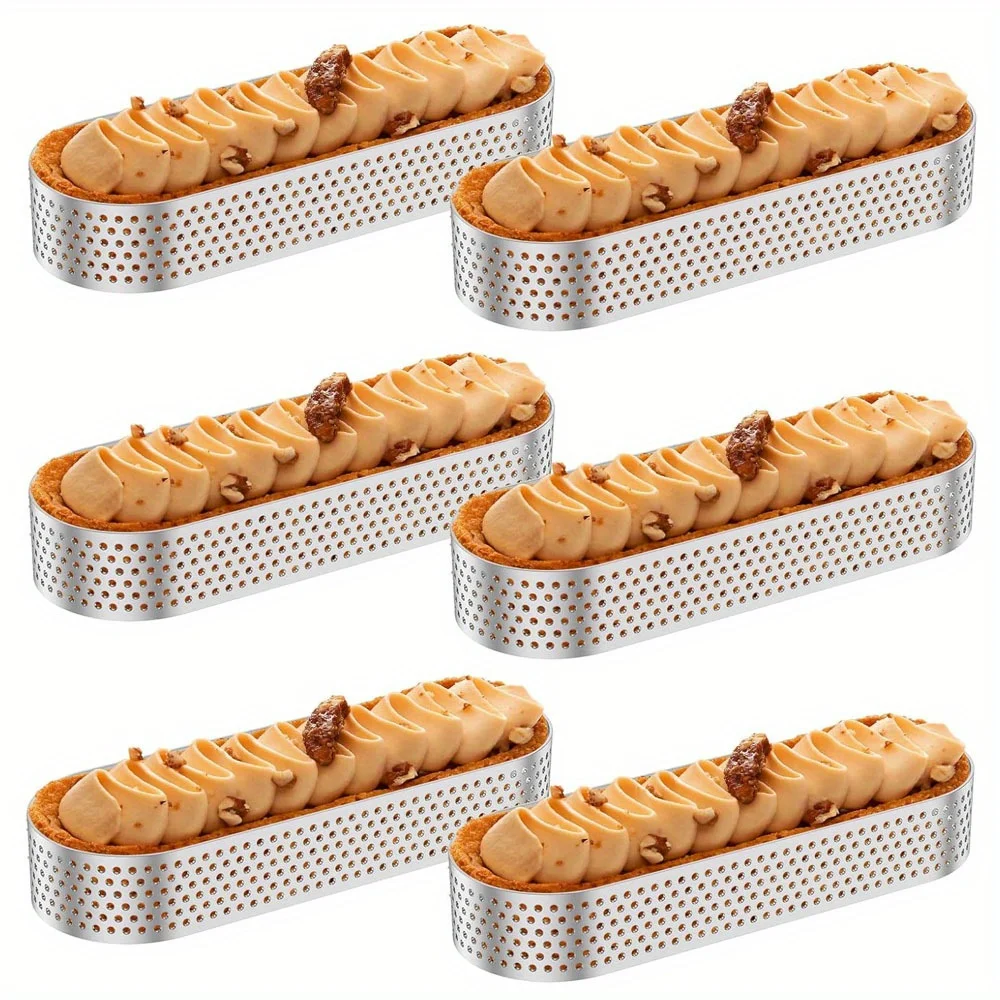 6 Stück Ovale Tortenringe, 12,7cm Perforierter Tortenring, Edelstahl Antihaft-Kuchenring, Hitzebeständige Mini-Obsttartform Image