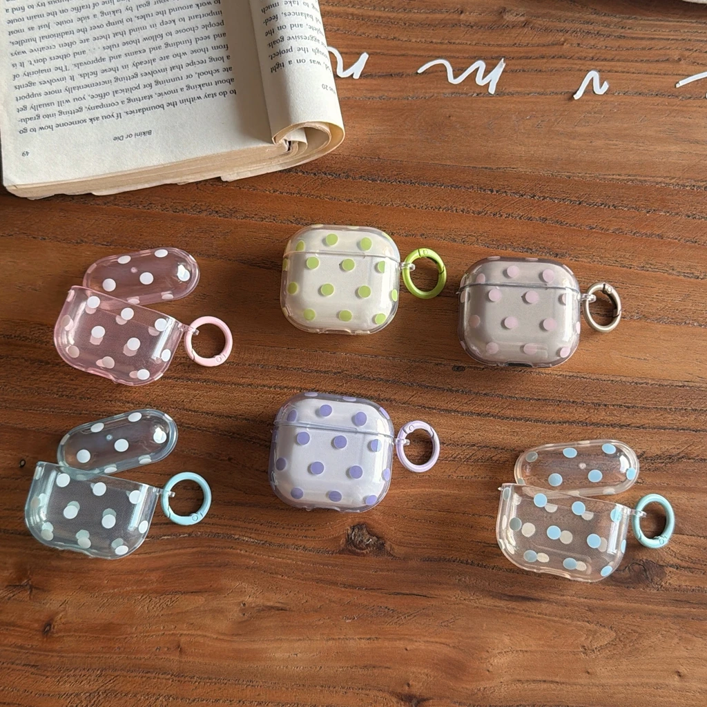 Mehrfarbige Polka Dots Halbtransparente Stoßfeste Schutzhülle mit Haken für AirPods 1 oder 2 3 4 Pro 2 Pro 3 Image