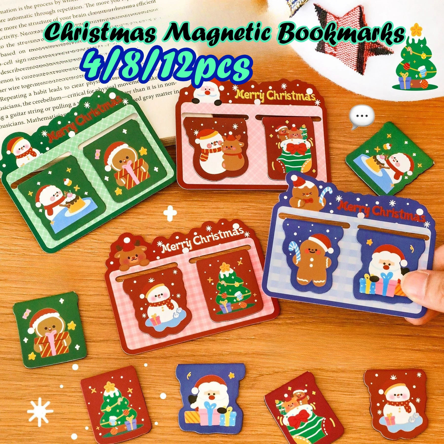 4/8/12 Stück niedliche magnetische Weihnachts-Lesezeichen – 2 Stück geformte Seitenklammern, Studenten-Briefpapier, wiederverwendbares Weihnachtsgeschenk Image