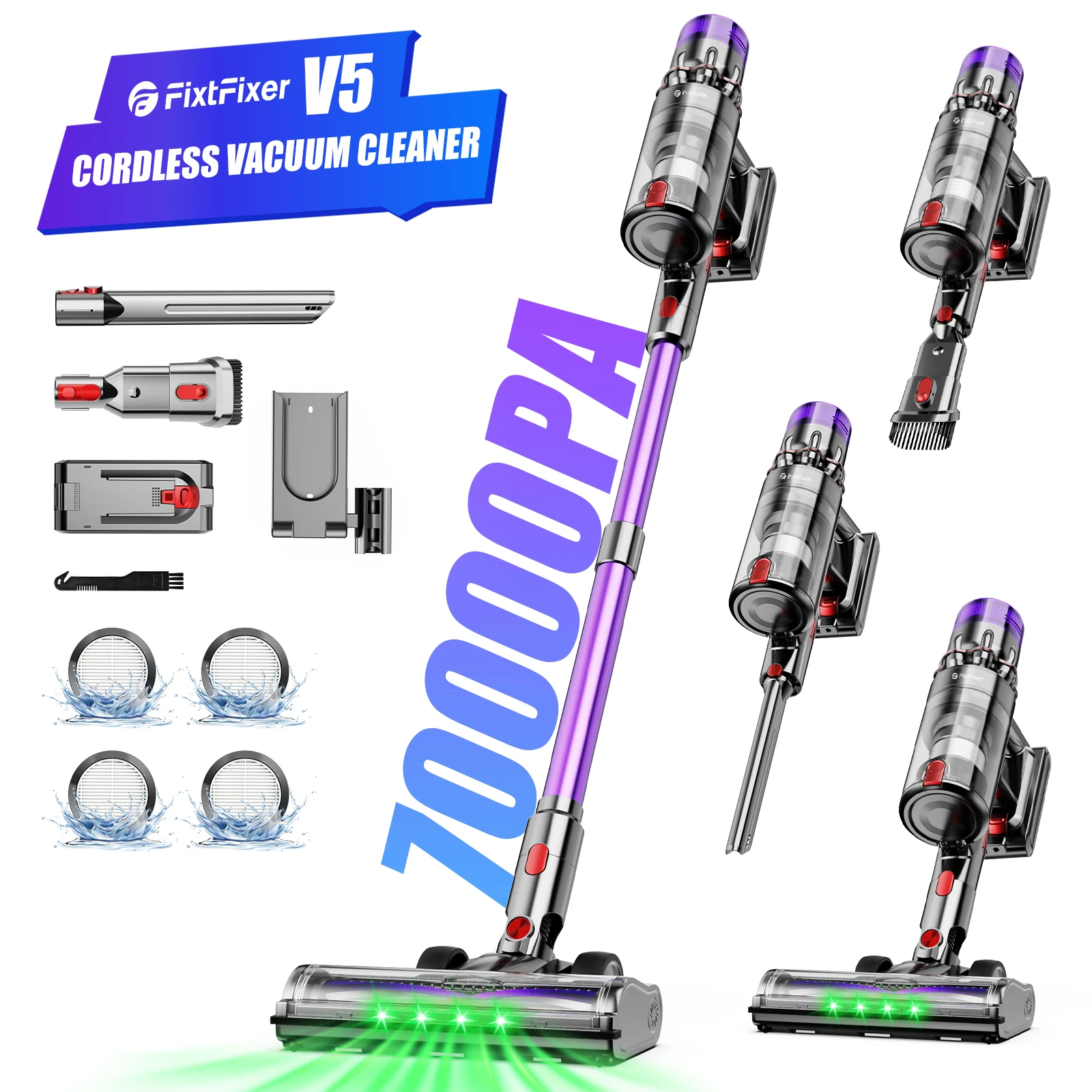 Aspirateur sans fil, 70Kpa/500W, aspirateur vertical 60 minutes d