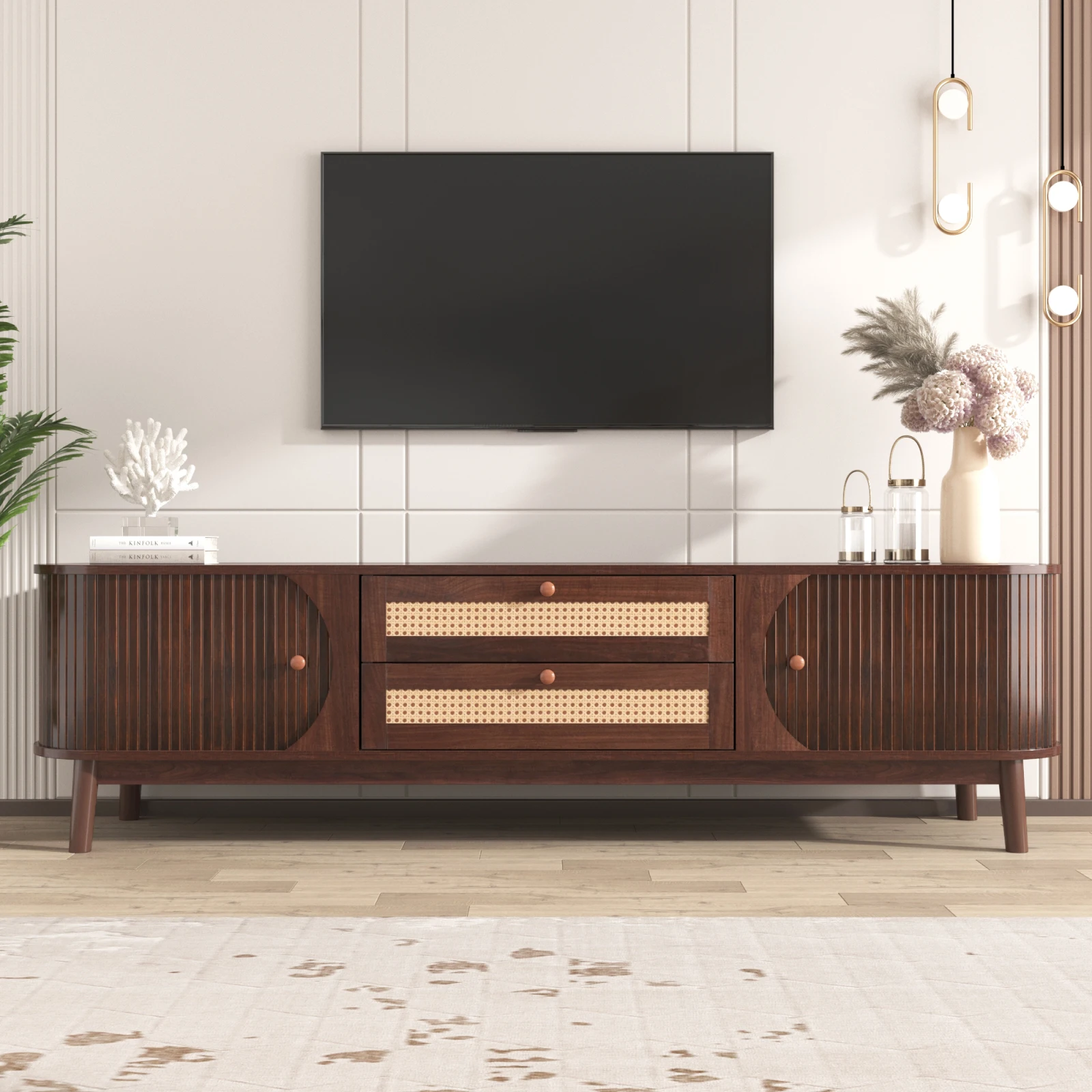 Meuble TV Superaly, Meuble TV avec portes et tiroirs, Meuble TV avec côtés en rotin