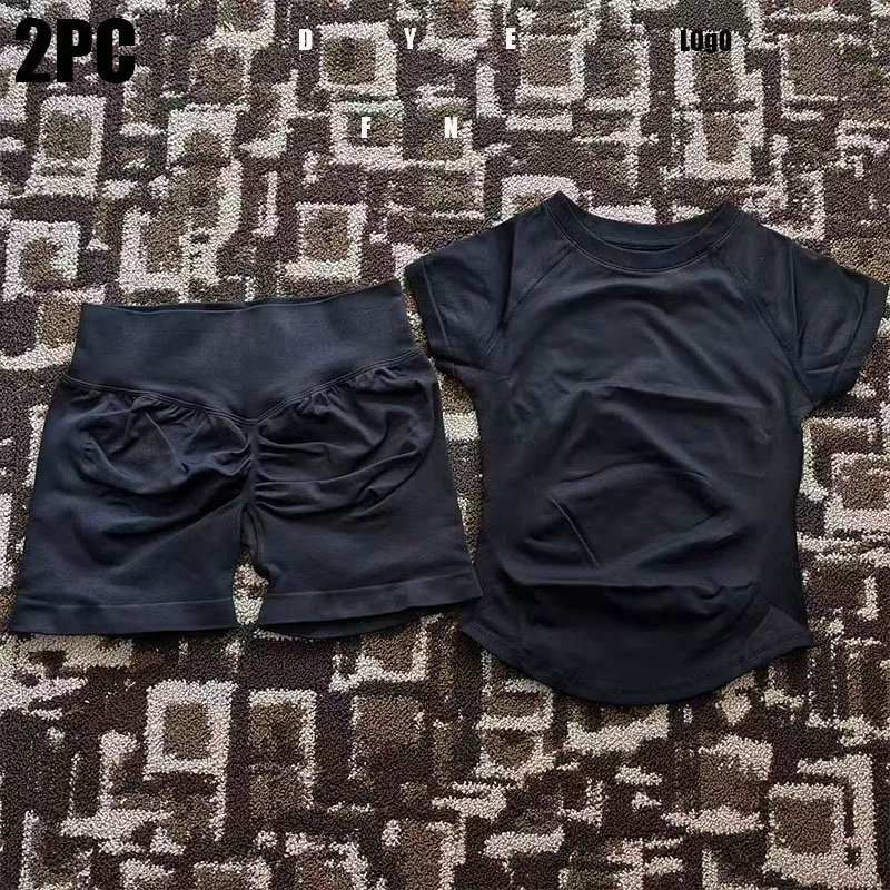 PHGYL Ensemble de sport 2 pièces : Haut de yoga sans couture à manches courtes et short de sport pour femme, idéal pour l'entraînement, la course et la gym