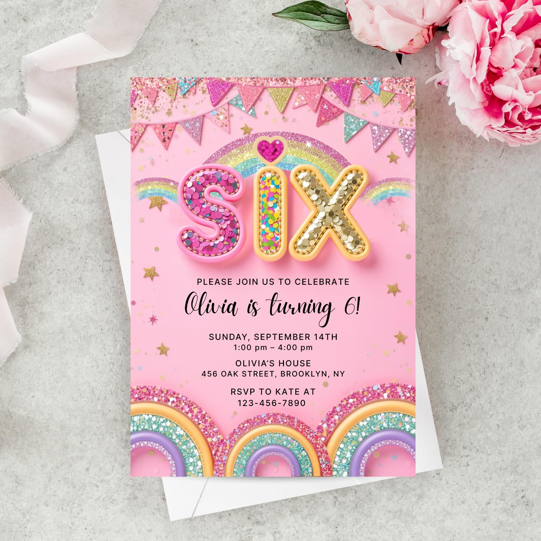 Invito per il 6o compleanno rosa per ragazza, invito modificabile per il 6o compleanno con paillettes arcobaleno rosa, invito per il 6o compleanno con