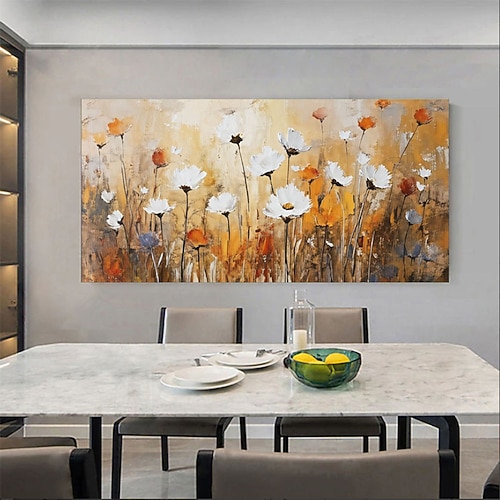Handgemaltes Gemälde auf Leinwand, Wandkunst, orange-weiße Blumenlandschaft, Ölgemälde, großes abstraktes modernes Blumenbild für das Wohnzimmer
