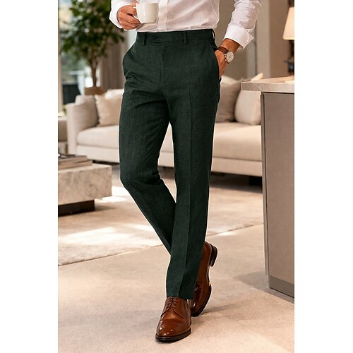Herren Baumwolle Leinen Anzughose Freizeithose Geschäft Hochzeit Vintage Klassisch Zeitlos Formell Burgunderrot Dunkelgrün Frühling Sommer Hosen Einfarbig Schmale Passform Lang Unelastisch Image