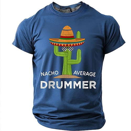 Herren-T-Shirt mit witzigem Wortspiel-Motiv: Nacho-Schlagzeuger, Kaktus-Sombrero, mexikanisches Essen, humorvolles Musiker-Geschenk, Schlagzeug-T-Shirt, lässiges Kurzarm-Designer-Shirt, Größen: S, M, Image
