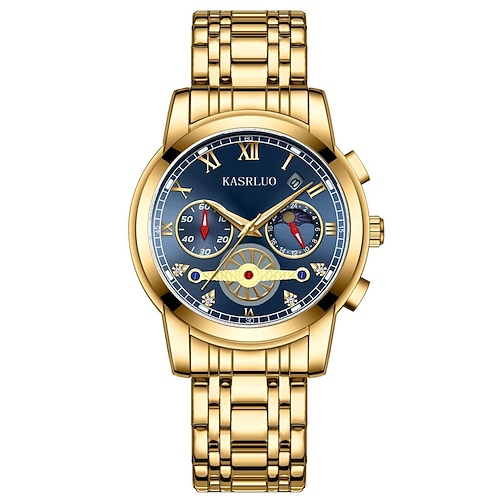 Luxuriöse Herrenuhr, Chronograph mit blauem Zifferblatt, Mondphasen- und Datumsanzeige, Edelstahlarmband, analoges Quarzwerk, römische Ziffern und Diamantmarkierungen, elegante Business-Armbanduhr für Image