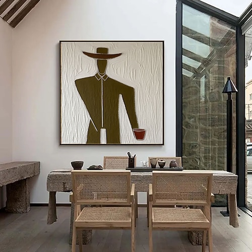 Originales, handgemaltes Ölgemälde: Western-Cowboy mit großem Hut und Kaffee. Modernes Porträt eines Mannes, ideal für die Wanddekoration. Gesichtslose Kunst im Wabi-Sabi-Stil. Image